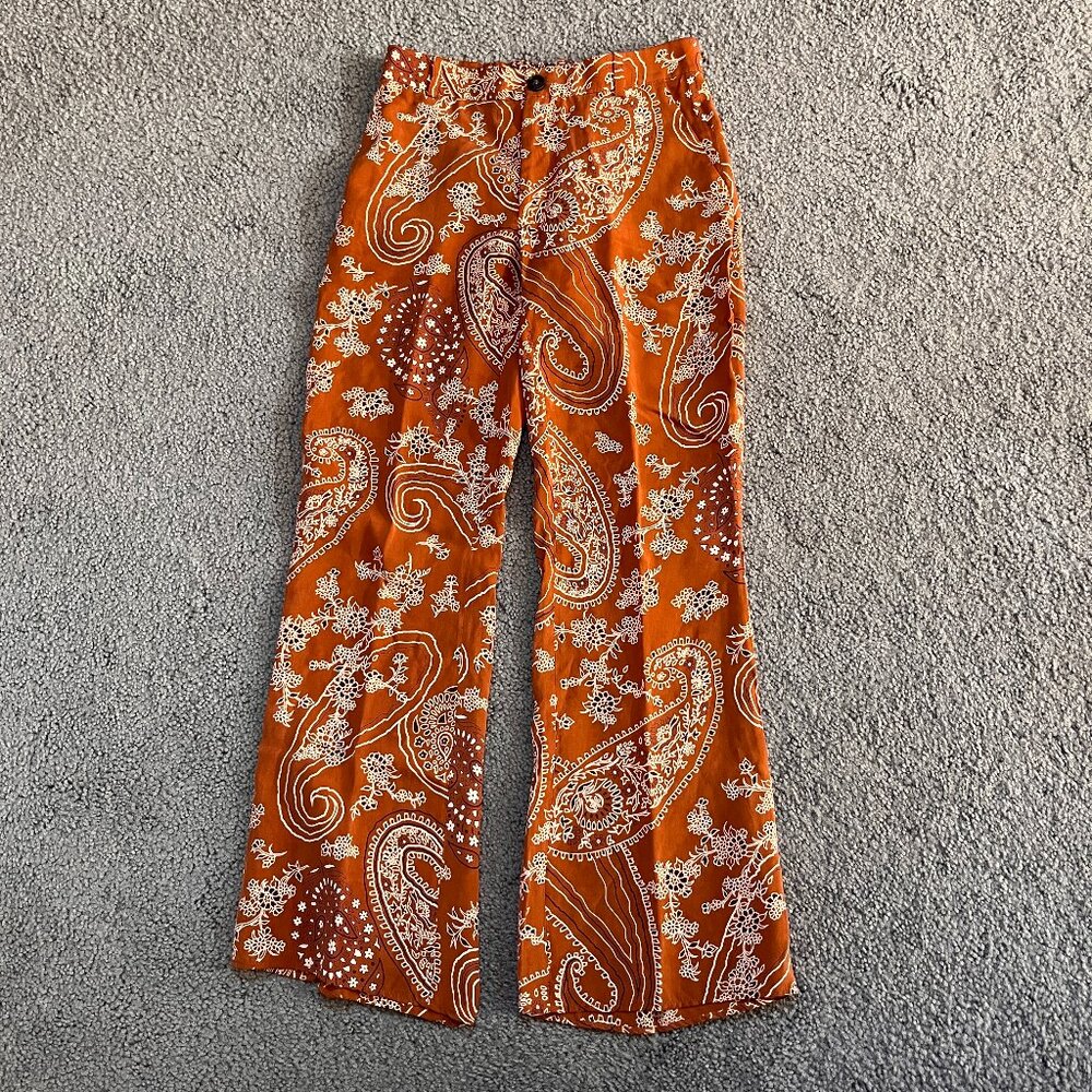 ZARA PAISLEY BANDANA PRINT FLARE LEG SILKY PANTS TROUSERS - GOLD COPPER -EUC - S
